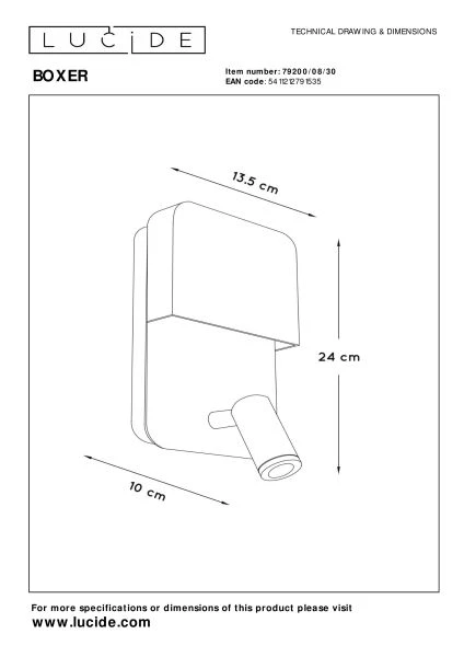 Lucide BOXER - Bedside lamp / Wall light - LED - 3000K - With USB charging point - Black - technical